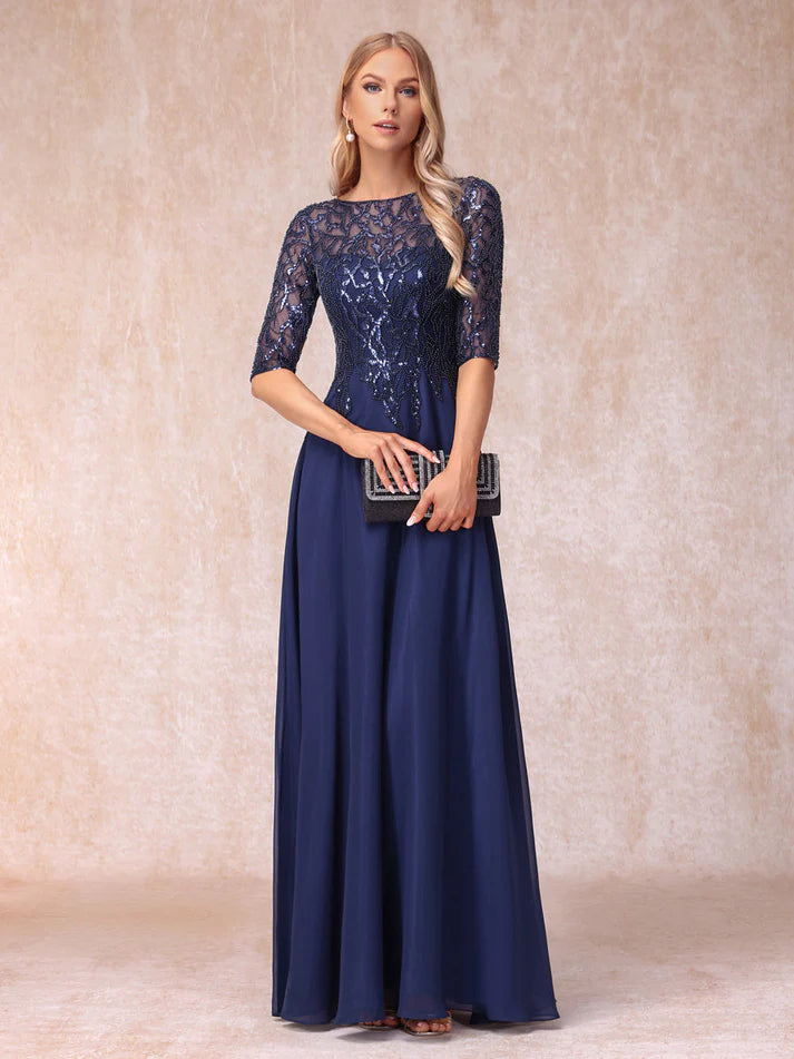 A-Line/Princess Sheer Neck Half Sleeves Long Formal  Mother of the Bride Dresses